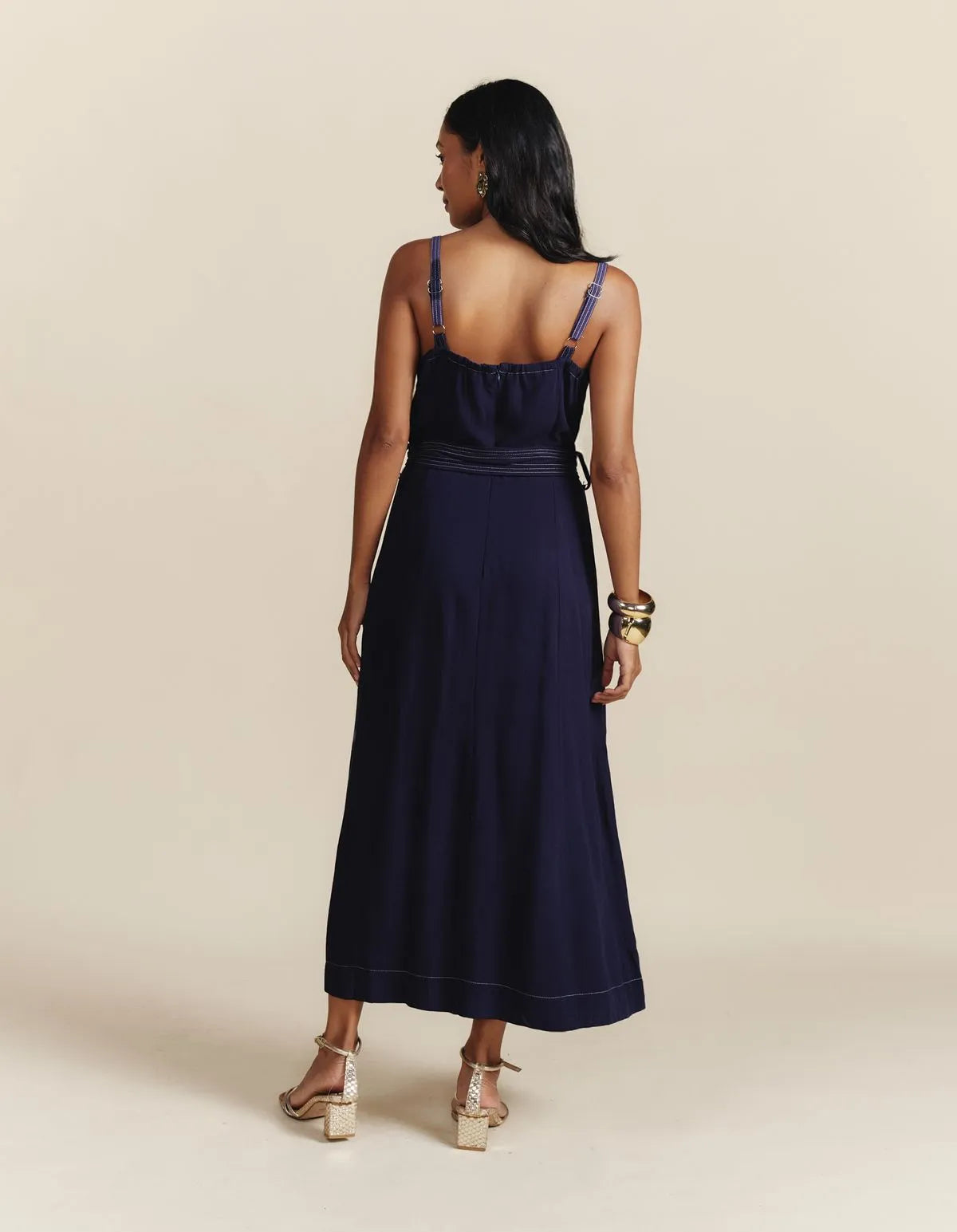 Vestido Midi Pespontos Com Bolsos - Azul Marinho