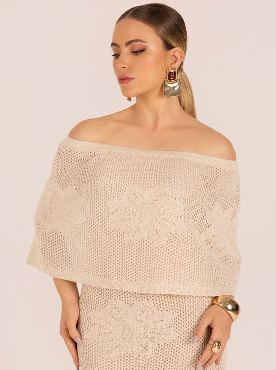 Cropped Tricot Renda Floral Ombro A Ombro