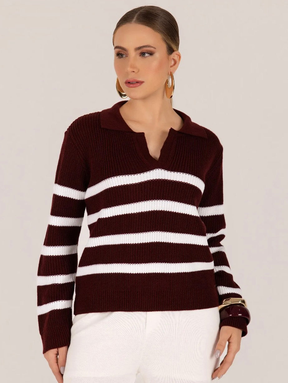 Blusa Tricot Fang Listras Gola Polo
